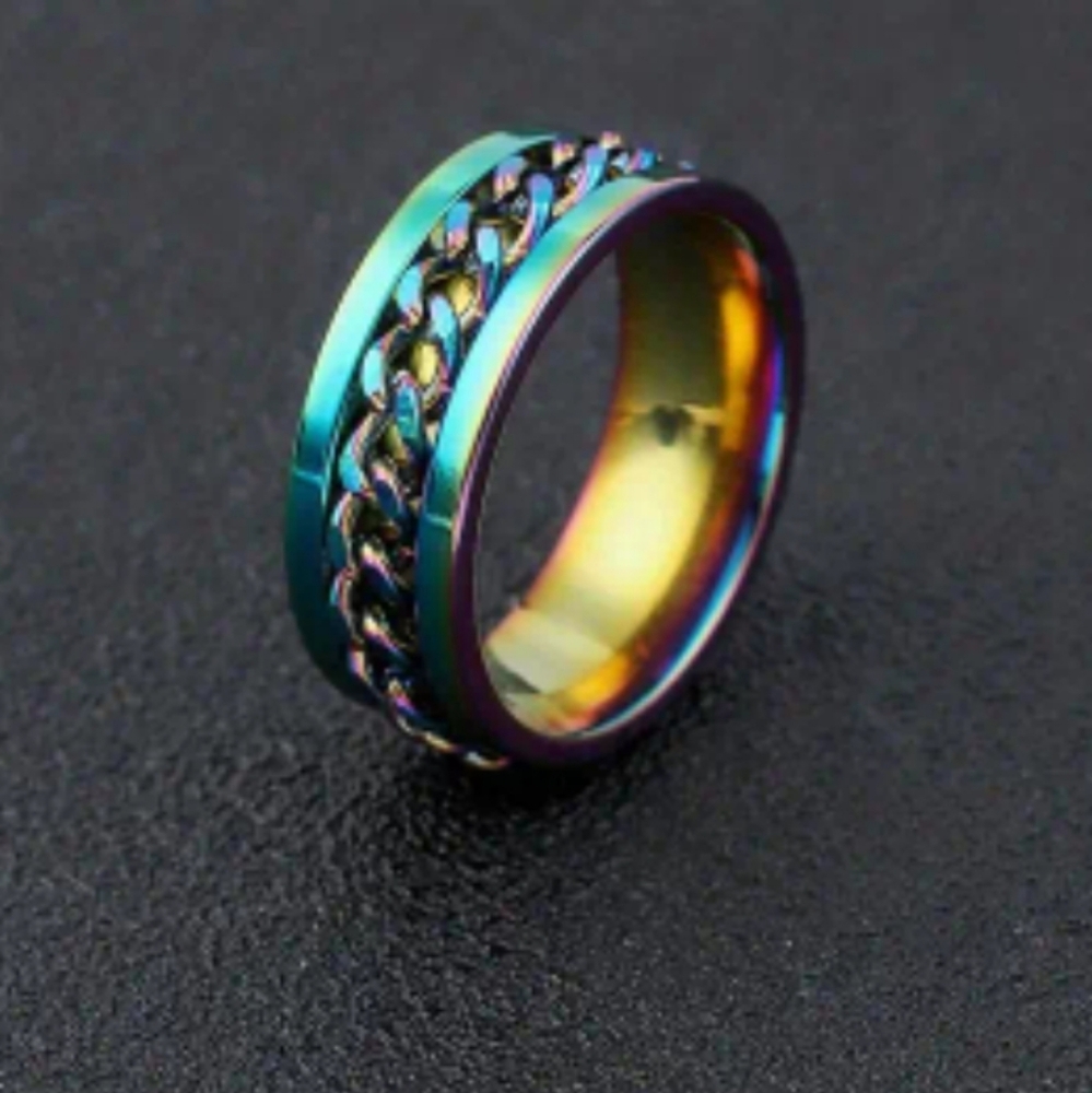 8mm Stainless steel rainbow fidget spinner ring size 7 to 12 other colors avail